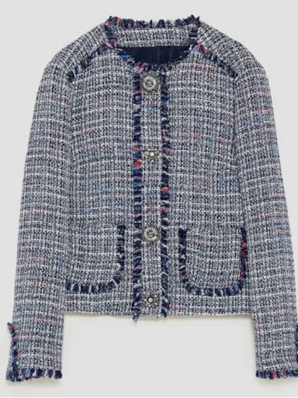 👑 Zara Navy & Light-Mix Tweed Fringed Jacket